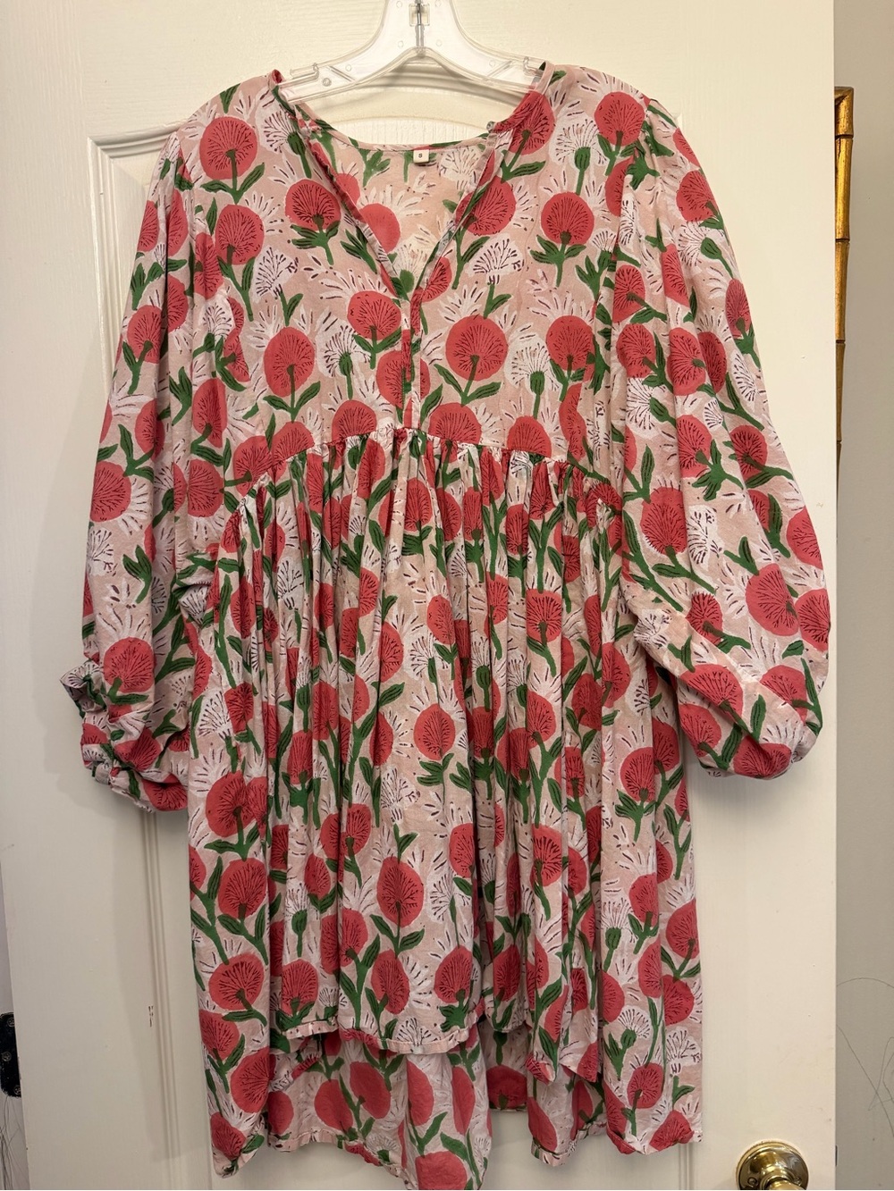 Block Print Pink Floral Long-Sleeve Babydoll Dress